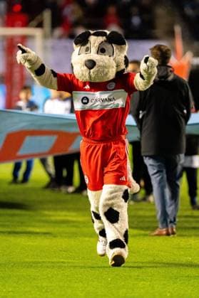 October 23, 2025, Bridgeview, Illinois, United States: Sparky the Chicago Fire mascot points the the crowd before the National Anthem performance before the Chicago Fire FC vs Orlando City Wildcard match at SeatGeek Stadium. Final Score: Chicago Fire 3:1 Orlando City Bridgeview United States - ZUMAs197 20251023_aaa_s197_377 Copyright: xRajxChavdax