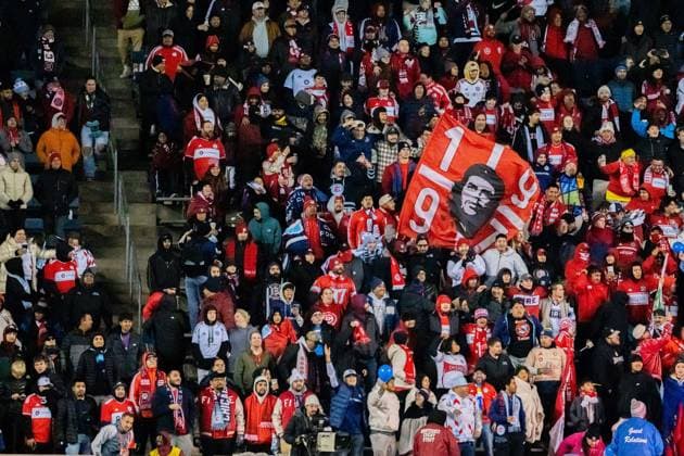 October 23, 2025, Bridgeview, Illinois, United States: Chicago Fire fans cheer on their team during the Chicago Fire FC vs Orlando City Wildcard match at SeatGeek Stadium. Final Score: Chicago Fire 3:1 Orlando City Bridgeview United States - ZUMAs197 20251023_aaa_s197_390 Copyright: xRajxChavdax