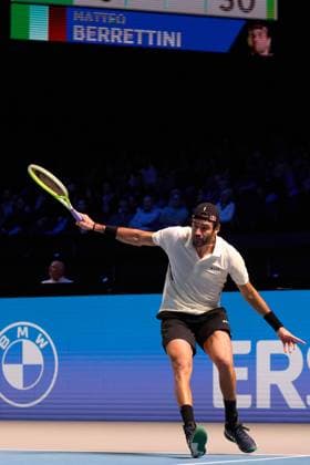 Matteo Berrettini of Italy returns a forehand to Alex de Minaur of Australia during the Quarter-finals match at Erste Bank Open 2025 at Wiener Stadthalle on October 24, 2025 in Vienna, Austria. (Photo by Camilla Stolen, Imago) Vienna Austria Copyright: xCamillaxStolenx L1073117