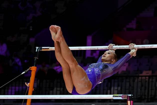 (251024) -- JAKARTA, Oct. 24, 2025 -- Angelina Melnikova of AIN (Individual Neutral Athlete) competes during the Women s Uneven Bars Final at 53rd FIG Artistic Gymnastics World Championships in Jakarta, Indonesia, on Oct. 24, 2025. ) (SP)INDONESIA-JAKARTA-GYMNASTICS-WORLD CHAMPIONSHIPS-WOMEN S UNEVEN BARS AgungxKuncahyaxB. 