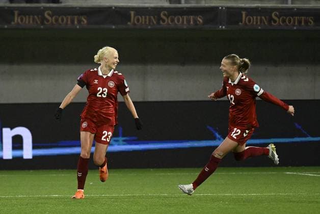 Danish Sofia Svava (left) and Stine Sandbech celebrating after Svava scored 0-2 during women s Nations s League football match Finland vs Denmark in Tampere, Finland on 24th October, 2025. Tampere Finland LKFTJK20251024194049ZQEG  Copyright: xAnttixAimo-Koivistox LKFTJK20251024194049ZQEG