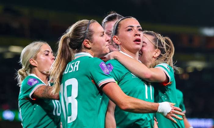 2025 UEFA Women s Nations League Promotion Relegation Play-off First Leg, Aviva Stadium, Dublin 24 10 2025 Republic of Ireland WNT vs Belgium Ireland™s Katie McCabe celebrates scoring their first goal from a penalty with teammates Katie McCabe celebrates scoring their first goal from a penalty with teammates 24 10 2025  Copyright: x INPHO RyanxByrnex RB2_3496