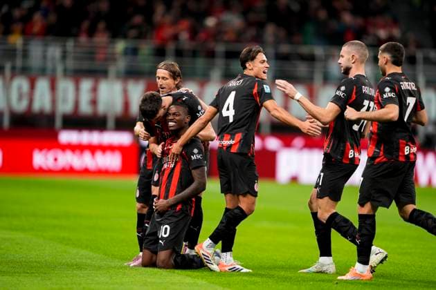 AC Milan™s Rafael Leao celebrates after scoring the 1-0 goal for his team during the Serie A soccer match between Milan and Pisa at the San Siro Stadium in Milan, Italy - October 23, 2025. - Soccer  Copyright: xFabioxFerrari LaPressex