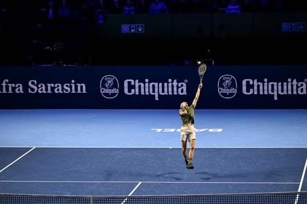 24th October 2025; St. Jakobshalle, Basel, Switzerland; 2025 ATP, Tennis Herren Swiss Indoor Tennis Day 6; Ugo Humbert (FRA) in action during the match against Reilly Opelka (USA) in the quarter finals  DavidxEmm