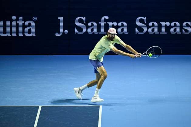 24th October 2025; St. Jakobshalle, Basel, Switzerland; 2025 ATP, Tennis Herren Swiss Indoor Tennis Day 6; Reilly Opelka (USA) in action during the match against Ugo Humbert (FRA) in the quarter finals  DavidxEmm