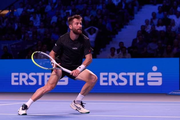 Corentin Moutet of France in action against Lorenzo Musetti of Italy during the Quarter-finals match at Erste Bank Open 2025 at Wiener Stadthalle on October 24, 2025 in Vienna, Austria. (Photo by Camilla Stolen, Imago) Vienna Austria Copyright: xCamillaxStolenx L1074411