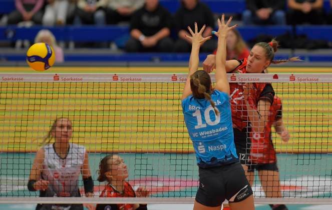 24.10.2025, Dresdens mette Pfeffer schmettert gegen Wiesbadens Laura Broekstra, Volleyball, 1. Bundesliga, Dresdner SC - VC Wiesbaden, (c) Dresden