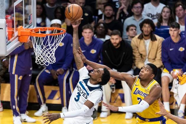 October 24, 2025, Los Angeles, California, USA: Minnesota Timberwolves Jaden McDaniels (3) goes past Los Angeles LakersÃ¢â‚¬â ¢ Rui Hachimura (28) to the basket during an NBA, Basketball Herren, USA basketball game, in Los Angeles Friday, Oct. 24, 2025. Los Angeles USA - ZUMAc68_ 20251024_zaf_c68_008 Copyright: xRingoxChiux