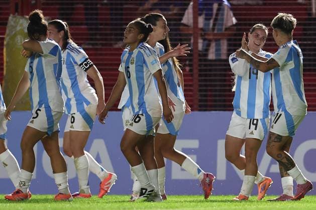Argentina s midfielder Agostina Holzheier (2nd-R) celebrates with teammates after scoring the team™s second goal during the CONMEBOL Women s Nations League football match, qualifier for the 2027 World Cup in Brazil, between Argentina and Paraguay, at the Diego Armando Maradona stadium in Buenos Aires, Argentina on October 24, 2025. BUENOS AIRES ARGENTINA Copyright: xALEJANDROxPAGNIx
