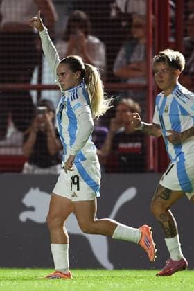 Argentina s midfielder Agostina Holzheier (L) celebrates after scoring the team™s second goal during the CONMEBOL Women s Nations League football match, qualifier for the 2027 World Cup in Brazil, between Argentina and Paraguay, at the Diego Armando Maradona stadium in Buenos Aires, Argentina on October 24, 2025. BUENOS AIRES ARGENTINA Copyright: xALEJANDROxPAGNIx