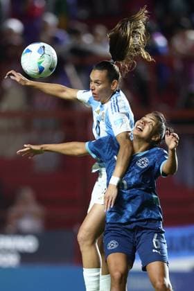 Argentina s midfielder Florencia Bonsegundo (top-L) fights for the ball with Paraguay s midfielder Cindy Ramos during the CONMEBOL Women s Nations League football match, qualifier for the 2027 World Cup in Brazil, between Argentina and Paraguay, at the Diego Armando Maradona stadium in Buenos Aires, Argentina on October 24, 2025. BUENOS AIRES ARGENTINA Copyright: xALEJANDROxPAGNIx