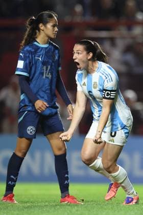Argentina s defender Aldana Cometti (R) celebrates after scoring the team™s first goal during the CONMEBOL Women s Nations League football match, qualifier for the 2027 World Cup in Brazil, between Argentina and Paraguay, at the Diego Armando Maradona stadium in Buenos Aires, Argentina on October 24, 2025. BUENOS AIRES ARGENTINA Copyright: xALEJANDROxPAGNIx
