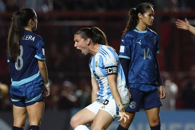 Argentina s defender Aldana Cometti (C) celebrates after scoring the team™s first goal during the CONMEBOL Women s Nations League football match, qualifier for the 2027 World Cup in Brazil, between Argentina and Paraguay, at the Diego Armando Maradona stadium in Buenos Aires, Argentina on October 24, 2025. BUENOS AIRES ARGENTINA Copyright: xALEJANDROxPAGNIx