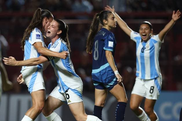 Argentina s defender Aldana Cometti (2nd-L) celebrates with teammates after scoring the team™s first goal during the CONMEBOL Women s Nations League football match, qualifier for the 2027 World Cup in Brazil, between Argentina and Paraguay, at the Diego Armando Maradona stadium in Buenos Aires, Argentina on October 24, 2025. BUENOS AIRES ARGENTINA Copyright: xALEJANDROxPAGNIx