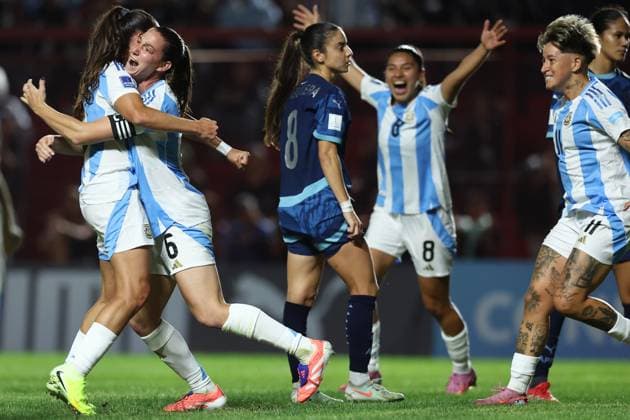 Argentina s defender Aldana Cometti (2nd-L) celebrates with teammates after scoring the team™s first goal during the CONMEBOL Women s Nations League football match, qualifier for the 2027 World Cup in Brazil, between Argentina and Paraguay, at the Diego Armando Maradona stadium in Buenos Aires, Argentina on October 24, 2025. BUENOS AIRES ARGENTINA Copyright: xALEJANDROxPAGNIx