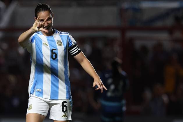 Argentina s defender Aldana Cometti celebrates after scoring the team™s first goal during the CONMEBOL Women s Nations League football match, qualifier for the 2027 World Cup in Brazil, between Argentina and Paraguay, at the Diego Armando Maradona stadium in Buenos Aires, Argentina on October 24, 2025. BUENOS AIRES ARGENTINA Copyright: xALEJANDROxPAGNIx