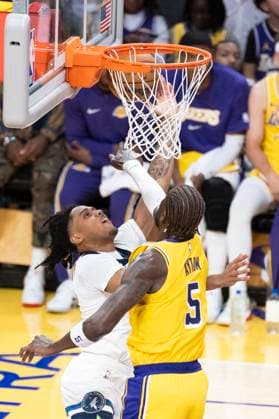 October 24, 2025, Los Angeles, California, USA: Minnesota Timberwolves Terrence Shannon Jr. (1) goes to the basket under pressure from Los Angeles LakersÃ¢â‚¬â ¢ Deandre Ayton (5) during an NBA, Basketball Herren, USA basketball game, in Los Angeles Friday, Oct. 24, 2025. Los Angeles USA - ZUMAc68_ 20251024_zaf_c68_013 Copyright: xRingoxChiux