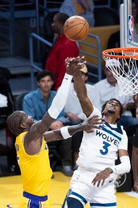 October 24, 2025, Los Angeles, California, USA: Minnesota Timberwolves Jaden McDaniels (3) and Los Angeles LakersÃ¢â‚¬â ¢ Deandre Ayton (5) vie for the ball during an NBA, Basketball Herren, USA basketball game, in Los Angeles Friday, Oct. 24, 2025. Los Angeles USA - ZUMAc68_ 20251024_zaf_c68_025 Copyright: xRingoxChiux