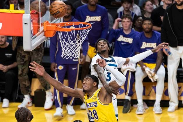 October 24, 2025, Los Angeles, California, USA: Los Angeles LakersÃ¢â‚¬â ¢ Rui Hachimura (28) and Minnesota Timberwolves Jaden McDaniels (3) vie for the ball during an NBA, Basketball Herren, USA basketball game, in Los Angeles Friday, Oct. 24, 2025. Los Angeles USA - ZUMAc68_ 20251024_zaf_c68_056 Copyright: xRingoxChiux