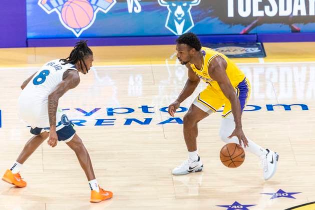 October 24, 2025, Los Angeles, California, USA: Los Angeles LakersÃ¢â‚¬â ¢ Bronny James (9) is defended by Minnesota Timberwolves Bones Hyland (8) during an NBA, Basketball Herren, USA basketball game, in Los Angeles Friday, Oct. 24, 2025. Los Angeles USA - ZUMAc68_ 20251024_zaf_c68_067 Copyright: xRingoxChiux