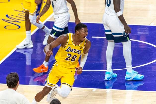 October 24, 2025, Los Angeles, California, USA: Los Angeles LakersÃ¢â‚¬â ¢ Rui Hachimura (28) reacts after dunking against the Minnesota Timberwolves during an NBA, Basketball Herren, USA basketball game, in Los Angeles Friday, Oct. 24, 2025. Los Angeles USA - ZUMAc68_ 20251024_zaf_c68_087 Copyright: xRingoxChiux