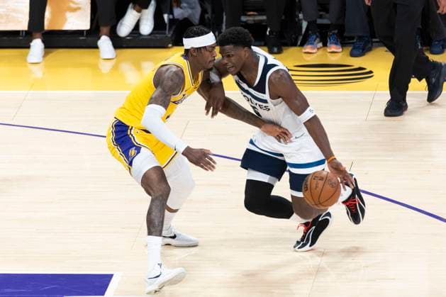October 24, 2025, Los Angeles, California, USA: Minnesota Timberwolves Anthony Edwards (5) drives against Los Angeles LakersÃ¢â‚¬â ¢ Jarred Vanderbilt (2) during an NBA, Basketball Herren, USA basketball game, in Los Angeles Friday, Oct. 24, 2025. Los Angeles USA - ZUMAc68_ 20251024_zaf_c68_098 Copyright: xRingoxChiux