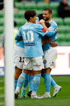 ALEAGUE CITY GLORY, City players celebrate their teams second goal scored by Max Caputo of Melbourne City during the A-League MenÕs Round 2 match between Melbourne City and the Perth Glory at AAMI Park in Melbourne, Saturday, October 25, 2025. ( NO ARCHIVING, EDITORIAL USE ONLY MELBOURNE VICTORIA AUSTRALIA  Copyright: xCONxCHRONISx 20251025184082441231