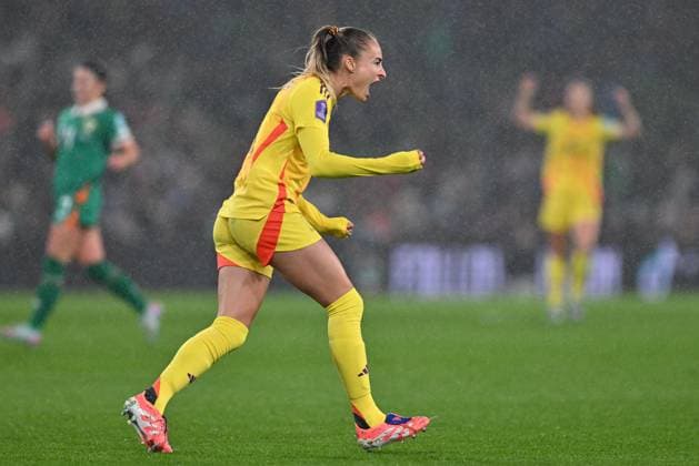 IRELAND VS BELGIUM Tessa Wullaert (9) of Belgium celebrates after scoring the 1-1 equalizer goal during a women football game between the national teams of the republic of Ireland and Belgium, called the Red Flames for the first leg of the Promotion relegation play-off in the Uefa Womens Nations League 2025, on Friday 24 October 2025 in Dublin , IRELAND . Photo Sportpix David Catry Dublin Aviva Stadium IRELAND  Copyright: xSportpix.bex xDavidxCatryxDavidxCatryx