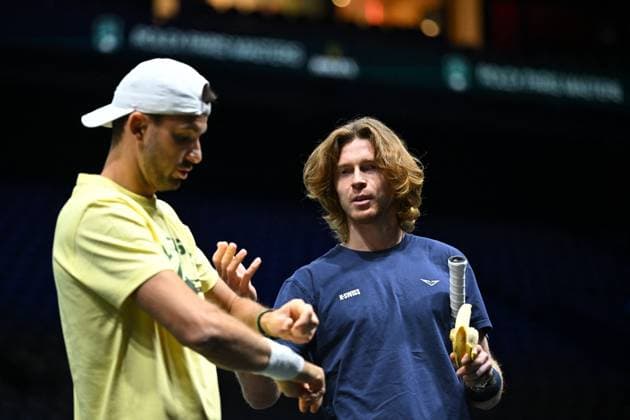 Practice Day At 2025 Rolex Paris Masters - France Andrey Rublev (RUS) with Grigor Dimitrov (BUL) during practice at the 2025 Rolex Paris Masters at the U Arena in Paris, FRANCE, on October 24, 2025. Photo by Corinne Dubreuil ABACAPRESS.COM Paris France  Copyright: xDubreuilxCorinne ABACAx
