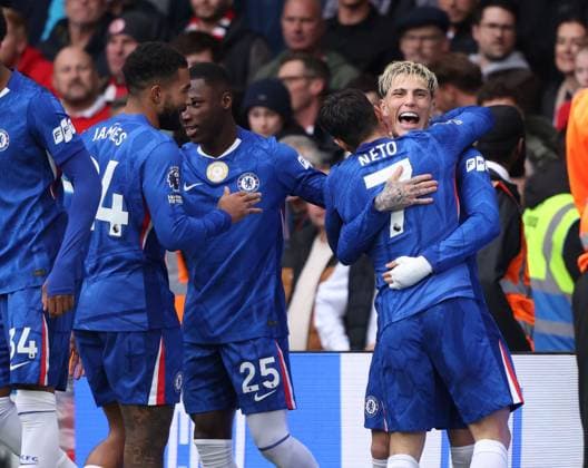 Alejandro Garnacho (C) celebrates scoring the first Chelsea goal (1-0) at the Chelsea v Sunderland EPL match, at Stamford Bridge, London, UK on 25th October, 2025. 