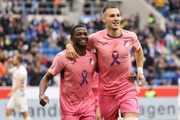 25.10.2025, xtvx, Fussball 1.Bundesliga, TSG 1899 Hoffenheim - 1.FC Heidenheim v.l. Torjubel, Goal celebration, celebrate the goal, celebrates scoring Goal scored, Tor zum 2:0 Bazoumana Toure (TSG 1899 Hoffenheim) Tim Lemperle (TSG 1899 Hoffenheim) (DFL DFB REGULATIONS PROHIBIT ANY USE OF PHOTOGRAPHS as IMAGE SEQUENCES and or QUASI-VIDEO) Sinsheim