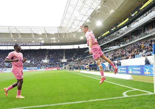 GER, 1.FBL, TSG Hoffenheim vs 1.FC Heidenheim 25.10.2025, PreZero Arena, Sinsheim, GER, 1.FBL, TSG Hoffenheim vs 1.FC Heidenheim , im Bild Tim Lemperle (Hoffenheim) freut sich über das Tor zum 2:0. DFL regulations prohibit any use of photographs as image sequences and or quasi-video.