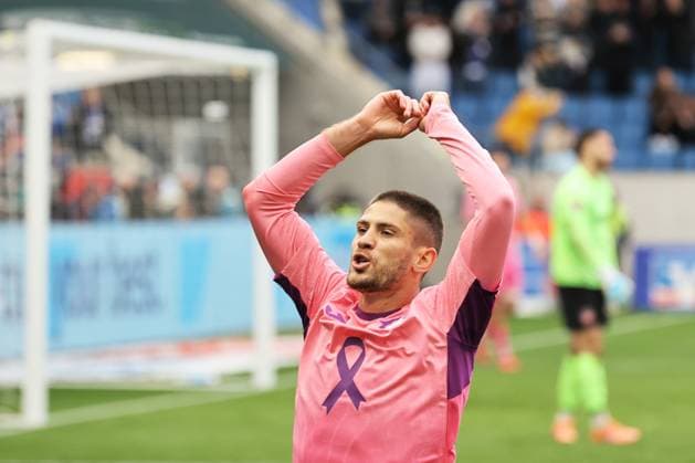 25.10.2025, xtvx, Fussball 1.Bundesliga, TSG 1899 Hoffenheim - 1.FC Heidenheim v.l. Goal scored, Tor zum 3:0 Andrej Kramaric (TSG 1899 Hoffenheim) Torjubel, Goal celebration, celebrate the goal, celebrates scoring (DFL DFB REGULATIONS PROHIBIT ANY USE OF PHOTOGRAPHS as IMAGE SEQUENCES and or QUASI-VIDEO) Sinsheim