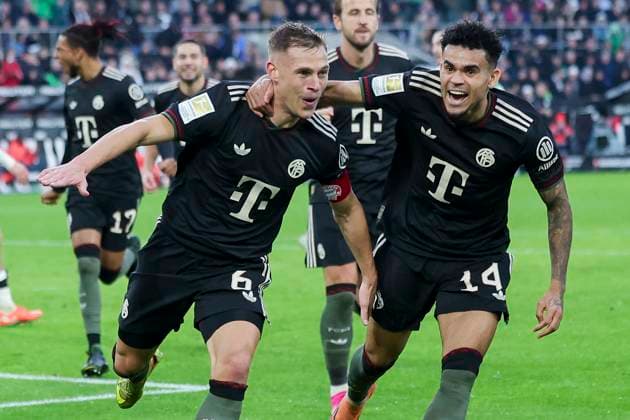 Joshua Kimmich (FC Bayern Muenchen) bejubelt seinen Treffer zum 0:1 mit Luis Diaz (FC Bayern Muenchen), Bundesliga, Borussia Mönchengladbach v FC Bayern München, Stadion im Borussia-Park am 25. October 2025 in Mönchengladbach, Deutschland. (Foto von Marco Steinbrenner DeFodi Images) Joshua Kimmich (FC Bayern Muenchen) celebrates after scoring his teams first goal with Luis Diaz (FC Bayern Muenchen), Bundesliga, Borussia Mönchengladbach v FC Bayern München, Stadion im Borussia-Park, October 25, 2025 in Mönchengladbach, Germany. (Photo by Marco Steinbrenner DeFodi Images) DFL regulations prohibit any use of photographs as image sequences and or quasi-video. Joshua Kimmich FC Bayern Muenchen celebrates his goal for 0 1 with Luis Diaz FC Bayern Muenchen , Bundesliga, Borussia Mönchengladbach v FC Bayern München, Stadion im Borussia Park, October 25, 2025 in Mönchengladbach, Germany Photo by Marco Steinbrenner DeFodi Images Joshua Kimmich FC Bayern Muenchen celebrates after scoring his teams first goal with Luis Diaz FC Bayern Muenchen , Bundesliga, Borussia Mönchengladbach v FC Bayern München, Stadion im Borussia Park, October 25, 2025 in Mönchengladbach, Germany Photo by Marco Steinbrenner DeFodi Images DFL regulations prohibit any use of photographs as image sequences and or quasi video