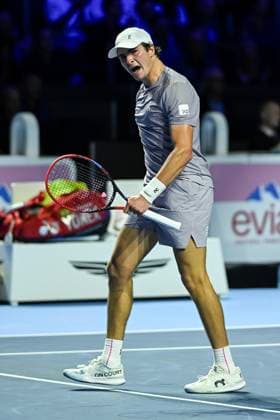 25th October 2025; St. Jakobshalle, Basel, Switzerland; 2025 ATP, Tennis Herren Swiss Indoor Tennis Day 7; Joao Fonseca (BRA) reacts during the match against Jaume Munar (ESP) in the semi finals  DavidxEmm