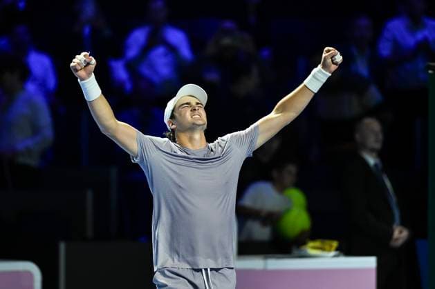 25th October 2025; St. Jakobshalle, Basel, Switzerland; 2025 ATP, Tennis Herren Swiss Indoor Tennis Day 7; Joao Fonseca (BRA) celebrates after winning the match against Jaume Munar (ESP) in the semi finals  DavidxEmm