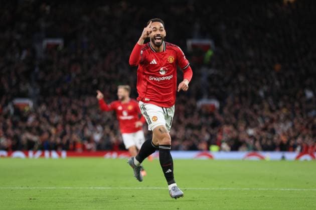 Football - Premier League - Manchester United, ManU v Brighton & Hove Albion 25th October 2025 - Premier League - Manchester United v Brighton & Hove Albion - Matheus Cunha of Manchester United celebrates after scoring their 1st goal - Photo: Simon Stacpoole Offside. Manchester UK Copyright: xSimonxStacpoolexOffside