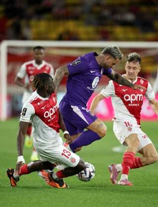 AS Monaco FC v Toulouse FC - Ligue 1 McDonald s 2025 2026 Christian Mawissa Elebi of Monaco, Aron Donnum of Toulouse and Aleksandr Golovin of AS Monaco challenge during the Ligue 1 McDonald s match between Monaco FC and Toulouse at Stade Louis II on October 25, 2025 in Monaco, Monaco. Monaco Stade Louis II Monaco Monaco Copyright: xNealxSimpson Sportsphoto APLx 14139597