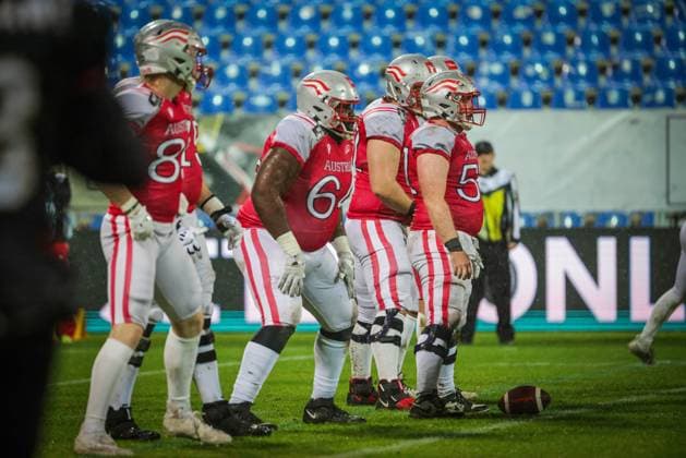 AMERICAN FOOTBALL - IFAF EC, GER vs AUT KREFELD,GERMANY,25.OCT.25 - AMERICAN FOOTBALL - IFAF European Championship, EM, Europameisterschaft Germany vs Austria. Image shows the team of AUT.  GEPAxpictures xDavidxBitzan