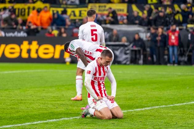 25.10.2025: Fußball: Borussia Dortmund - 1. FC Köln, 8. Spieltag im Signal-Iduna-Park. Kristoffer Lund (1. FC Köln) reagiert nach dem Tor zum 1:0. WICHTIGER HINWEIS: Gemäß den Vorgaben der DFL und des DFB ist es untersagt, in dem Stadion und oder vom Spiel angefertigte Fotoaufnahmen in Form von Sequenzbildern und oder videoähnlichen Fotostrecken zu verwerten bzw. verwerten zu lassen. Copyright: xDavidxInderliedx
