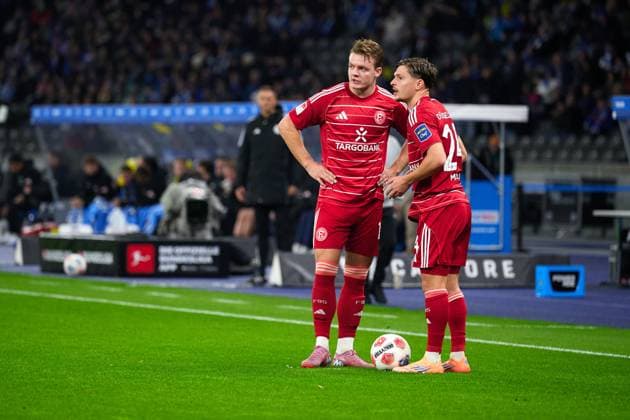 Christian Rasmussen (Fortuna Duesseldorf, 10), Florent Muslija (Fortuna Duesseldorf, 24), GER, Hertha BSC vs. ,Fortuna Duesseldorf, 2. Bundesliga, Saison 2025 2026, 10. Spieltag, 25.010.2025 (DFL REGULATIONS PROHIBIT ANY USE OF PHOTOGRAPHS AS IMAGE SEQUENCES AND OR QUASI - VIDEO). GER, Hertha BSC vs. ,Fortuna Duesseldorf, 2. Bundesliga, Saison 2025 2026, 10. Spieltag, 25.010.2025 Berlin