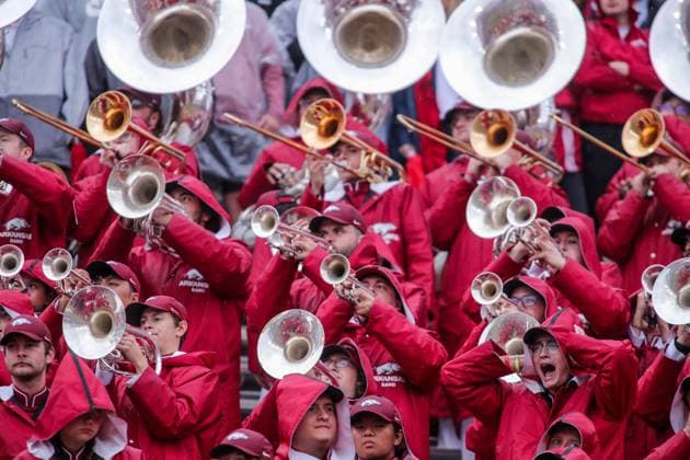October 25, 2025, Fayetteville, Arkansas, USA: Arkansas Razorbacks band performs during Auburn s win over Arkansas at Donald W. Reynolds Razorback Stadium. Fayetteville USA - ZUMAs199 20251025_znp_s199_034 Copyright: xBrentxSoulex