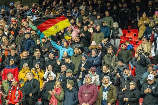 audience in the stands, Team Austria vs Team Germany, American Football, European Championship, EM, Europameisterschaft Semifinal, Season 2025, 25.10.2025, Krefeld Grotenburg Stadion Germany Copyright: xFootxBowl JUSTxSHOTSx