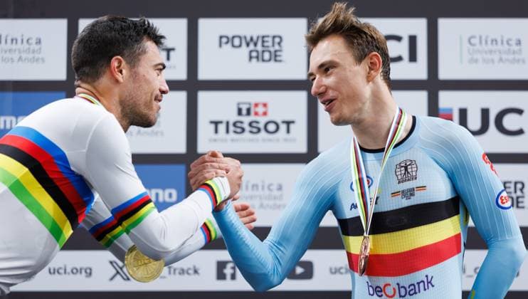 Spanish Albert Torres Barcelo and Belgian Lindsay De Vylder celebrate on the podium ceremony of the men s Omnium event at the 2025 UCI Track World Championships cycling, in Santiago, Chile, Saturday 25 October 2025. The Track World Championships take place from 22 to 26 October at the Velodromo de Penalolen in Santiago, Chile. BENOITxDOPPAGNE  x137972023x