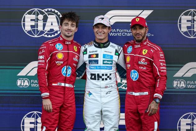 (251026) -- MEXICO CITY, Oct. 26, 2025 -- McLaren s British driver Lando Norris (C), Ferrari s Monegasque driver Charles Leclerc (L), and Ferrari s British driver Lewis Hamilton pose for a photo after the qualifying session of the 2025 Formula One Mexico City Grand Prix at the Hermanos Rodriguez Circuit in Mexico City, Mexico, Oct. 25, 2025. (Photo by Xinhua) (SP)MEXICO-MEXICO CITY-F1-GRAND PRIX-QUALIFYING SESSION SongxHaiyuan 