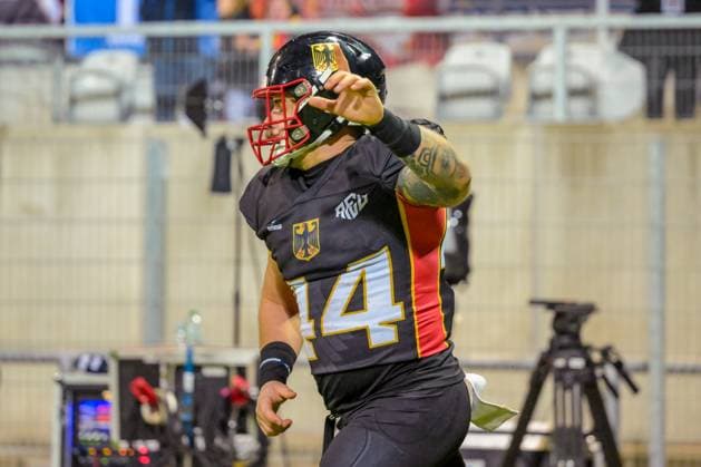 Leon Helm (Team Germany, 44), Team Austria vs Team Germany, American Football, European Championship, EM, Europameisterschaft Semifinal, Season 2025, 25.10.2025, Krefeld Grotenburg Stadion Germany Copyright: xFootxBowl JUSTxSHOTSx