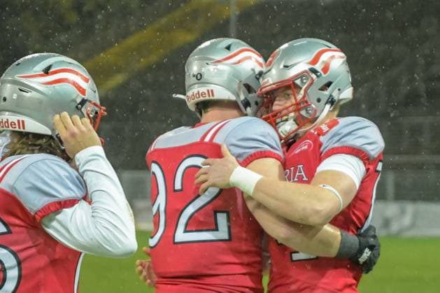 Fabian Schmid (Team Austria, 92) and Yannick Mayr (Team Austria, 14), Team Austria vs Team Germany, American Football, European Championship, EM, Europameisterschaft Semifinal, Season 2025, 25.10.2025, Krefeld Grotenburg Stadion Germany Copyright: xFootxBowl JUSTxSHOTSx