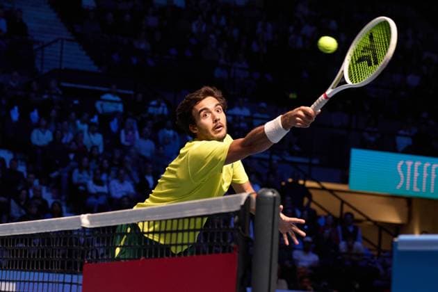Francisco Cabral of Portugal return a forehand to Lloyd Glasspool and Julian Cash of Great Britain during mens doubles final match of Erste Bank Open 2025 at Wiener Stadthalle on October 26, 2025 in Vienna, Austria. (Photo by Camilla Stolen, Imago) Vienna Austria Copyright: xCamillaxStolenx L1076716