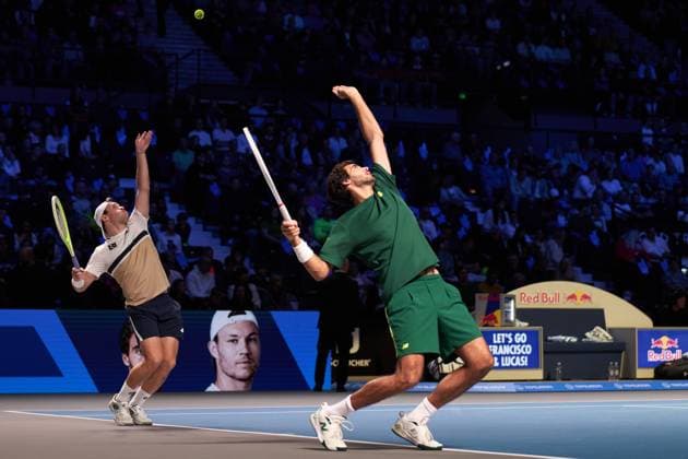 Lucas Miedler of Austria and Francisco Cabral of Portugal warm up for the mens doubles final match against Lloyd Glasspool and Julian Cash of Great Britain of Erste Bank Open 2025 at Wiener Stadthalle on October 26, 2025 in Vienna, Austria. (Photo by Camilla Stolen, Imago) Vienna Austria Copyright: xCamillaxStolenx L1076261
