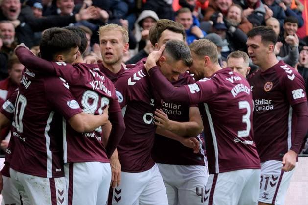 UK: Heart of Midlothian v Celtic, Scottish Premiership at Tynecastle Park, Edinburgh, Scotland on 26 October 2025: Pictured: Lawrence Shankland (Hearts) celebrates after his cross was turned home for an own-goal by Dane Murray (Celtic) to make it 1-0 Edinburgh Tynecastle Park Scotland Copyright: xAlexxToddx